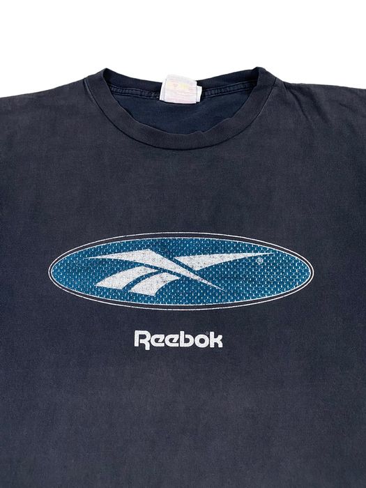 Vintage Vintage 90s Reebok Blue Logo Faded Black Graphic Tshirt | Grailed