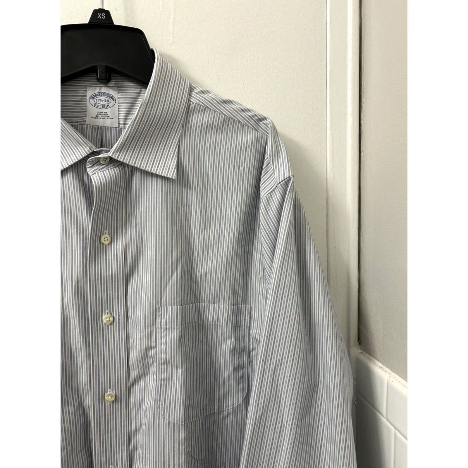 Brooks Brothers Brooks Brothers Shirt Mens 17.5 Blue White Striped Slim Fit Button-Up L/S Size US XXL / EU 58 / 5 - 4 Thumbnail