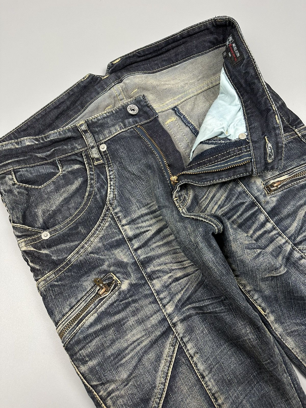 Japanese Brand × Michel Klein 🔥Flared🔥 Michel Klien Multi Zipper Pocket Lightning Jeans Size US 31 - 8 Thumbnail