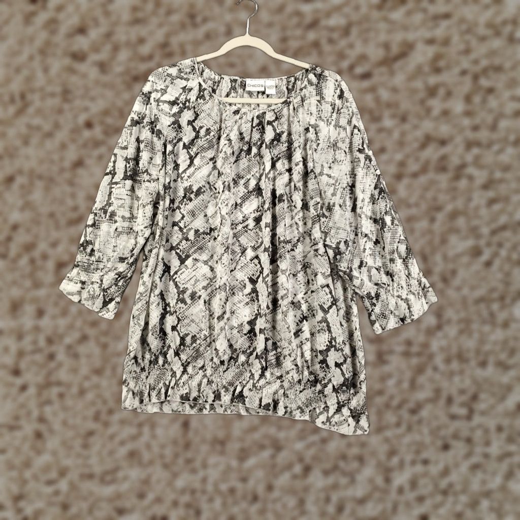 Vintage Chicos Top Womens XL Black White Snakeskin Print Sheer Cold Shoulder Snake Size XL / US 12-14 / IT 48-50 - 1 Thumbnail