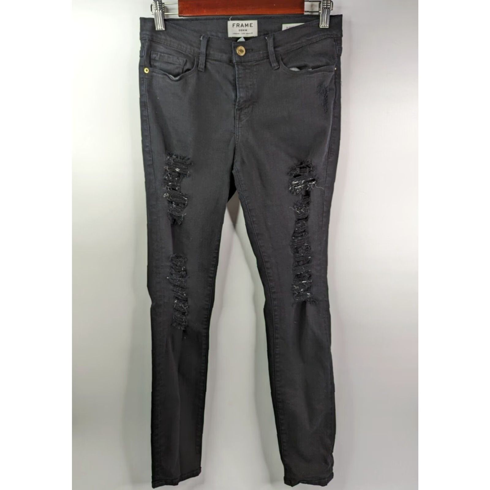 Frame **FRAME Le Skinny De Jeanne Designer Women's Black Skinny Jeans** User: **Film Noir Ripped Black Skinny Jeans - FRAME Le Skinny De Jeanne** Size 29" - 2 Thumbnail