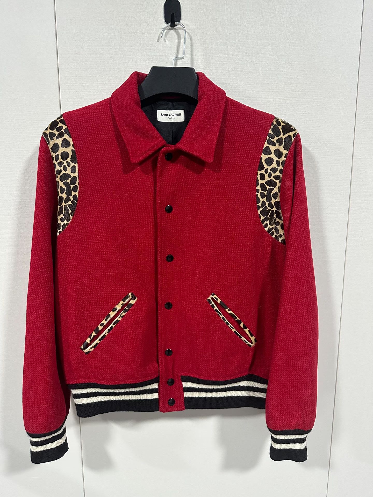 Saint Laurent Paris Saint Laurent Red Leopard Wool Varsity Jacket Size US M / EU 48-50 / 2 - 1 Thumbnail