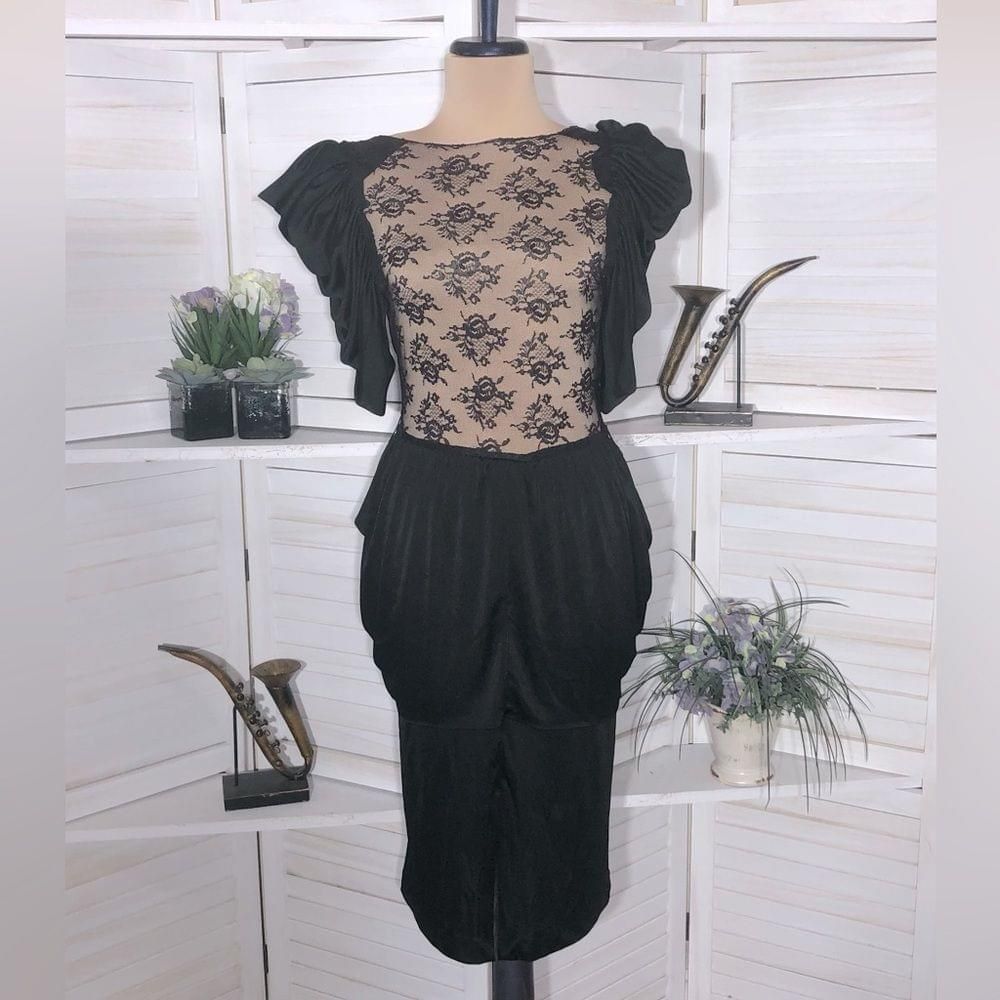 Vintage 80s black sheer lace puffed sleeves peplum cocktail dress S Size M / US 6-8 / IT 42-44 - 1 Thumbnail