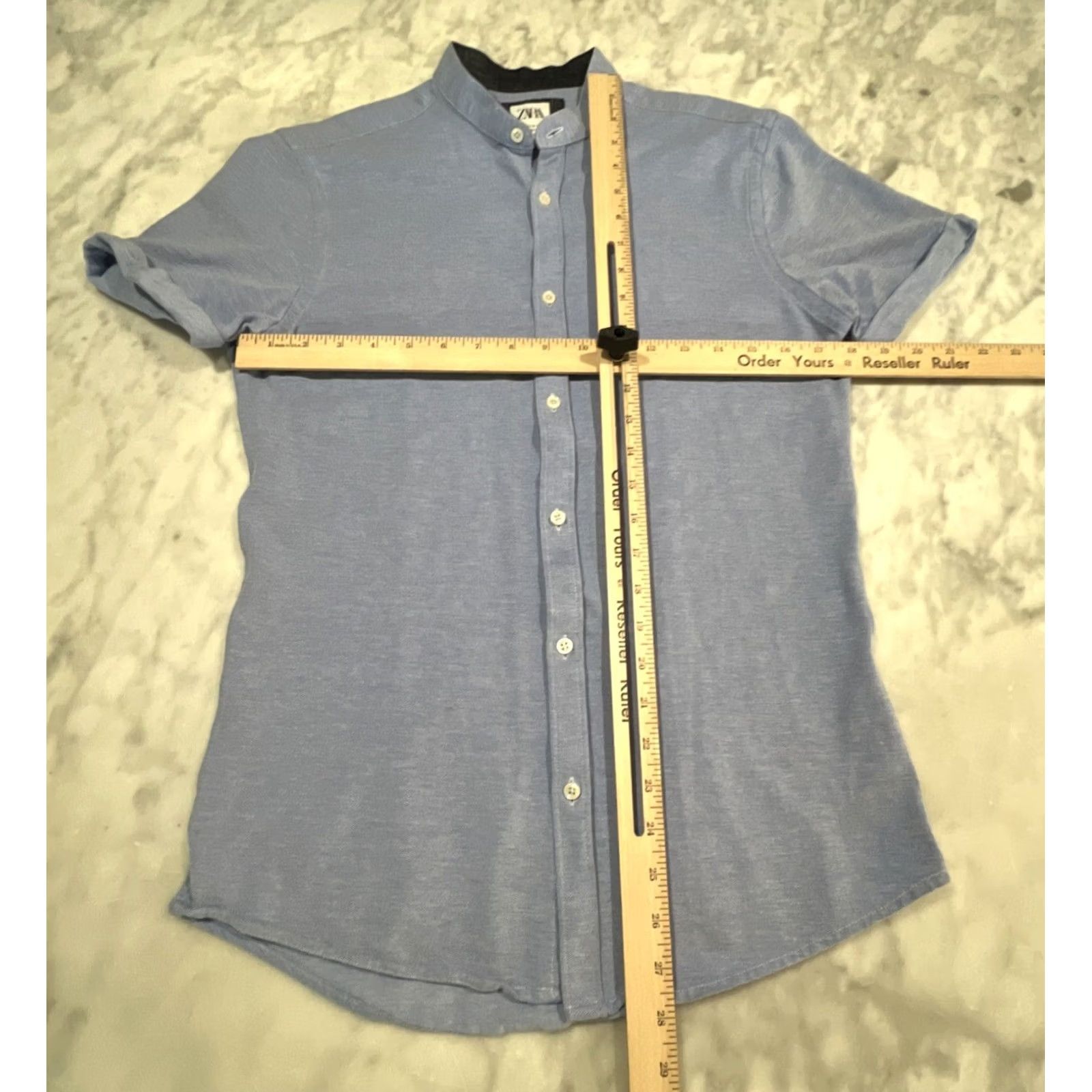 Zara Zara Button-Up Men’s Shirt M Slim Fit Short Sleeve Solid Blue Cotton Woven Casual Travel Modern PreppyMens Size US M / EU 48-50 / 2 - 6 Thumbnail
