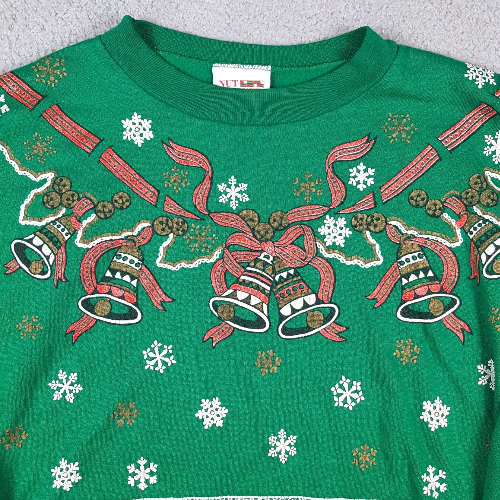 Bell VINTAGE Christmas Bells Women's XL Crewneck Sweatshirt 90s Holiday Pullover Green Nut Cracker Shirt Sweatshirt Girls Women Size XL / US 12-14 / IT 48-50 - 2 Thumbnail