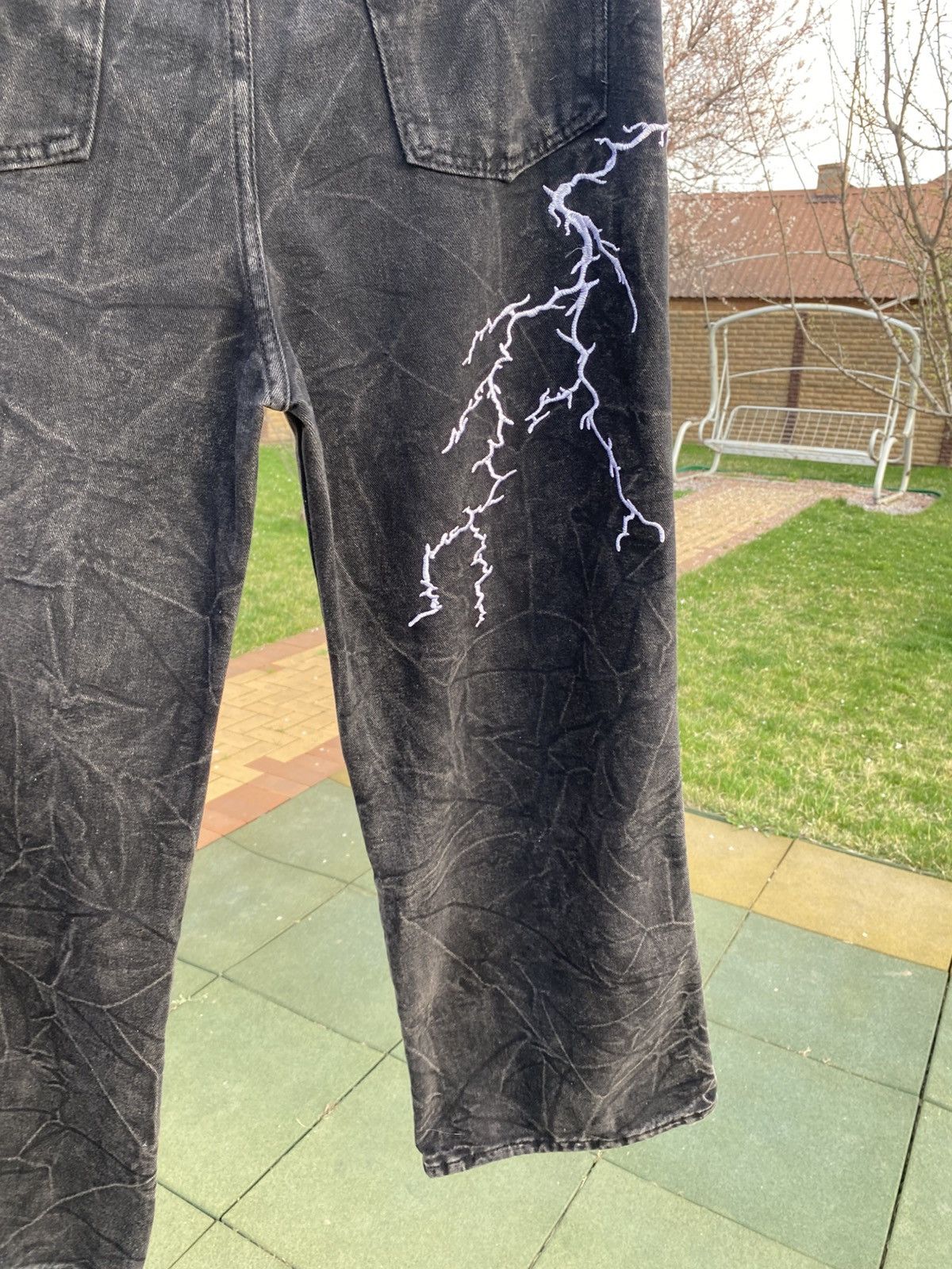 Vintage Black wide-leg jeans with lightning embroidery, Y2K, size L Size US 34 / EU 50 - 11 Thumbnail