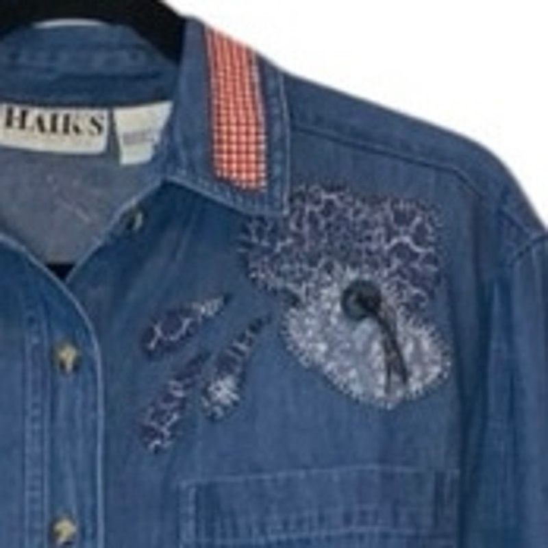 Vintage Haiks Holiday Blue Denim Button Down Shirt Santa Moose Fish Size M / US 6-8 / IT 42-44 - 4 Thumbnail