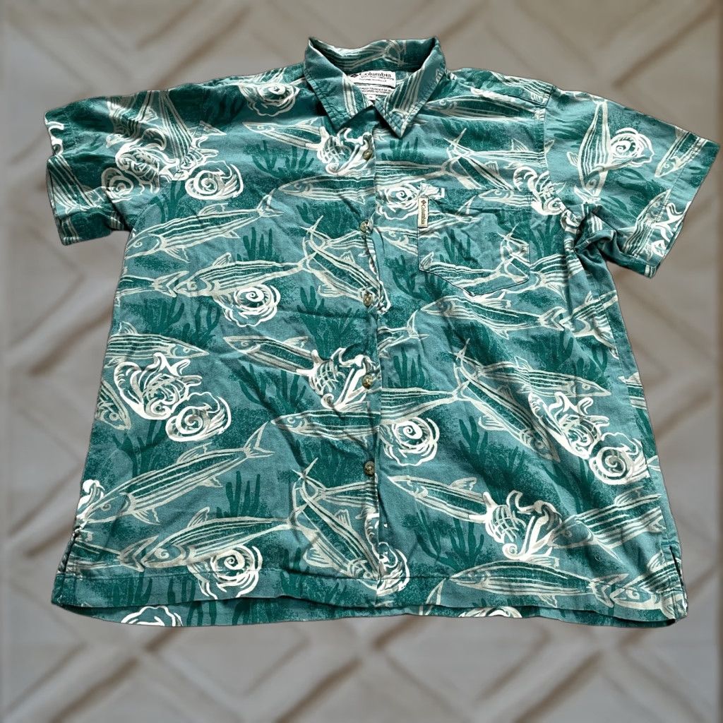 Vintage Columbia Shirt Mens Regular Button-Up Short Sleeve Green Cotton Fishing Logo 44in Chest M Adult Mens Size US M / EU 48-50 / 2 - 1 Thumbnail