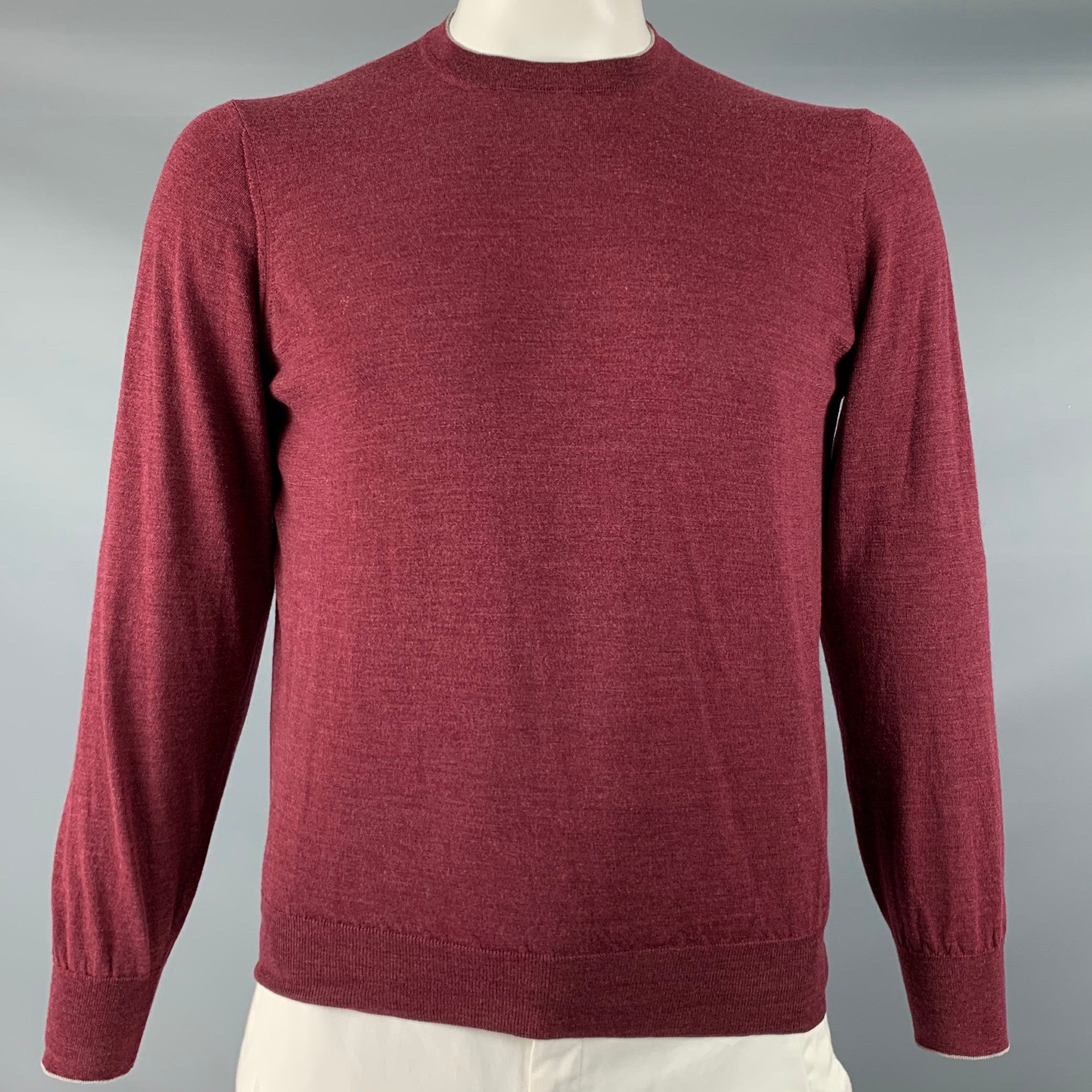 image of Brunello Cucinelli Burgundy Wool Cashmere Crew Neck Sweater, Men's (Size Medium)
