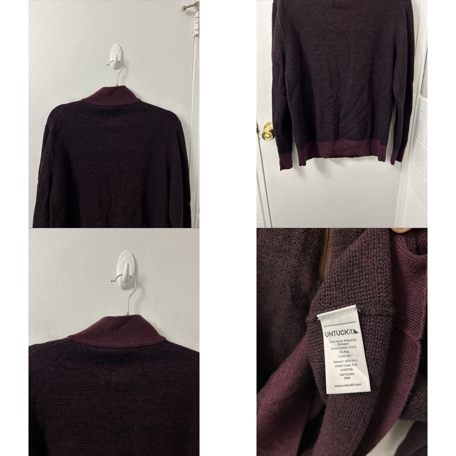 UNTUCKit UNTUCKit 1/4 Zip Mens M Burgundy Belguardo Birdseye 100% Merino Wool Sweater L/S Size US M / EU 48-50 / 2 - 8 Thumbnail