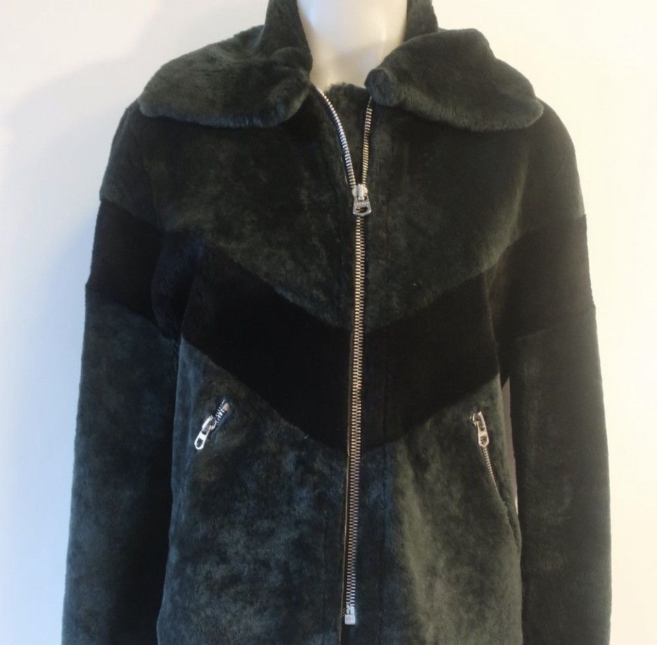 Sandro Sandro Shearling & Leather Zip Jacket Black & Green Chevron Size M / US 6-8 / IT 42-44 - 9 Thumbnail