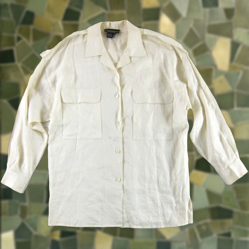 Nordstrom VINTAGE Classiques For Nordstrom Blouse Shirt Women L-XL Ivory Linen Button Down Long Sleeve Size L / US 10 / IT 46 - 1 Thumbnail