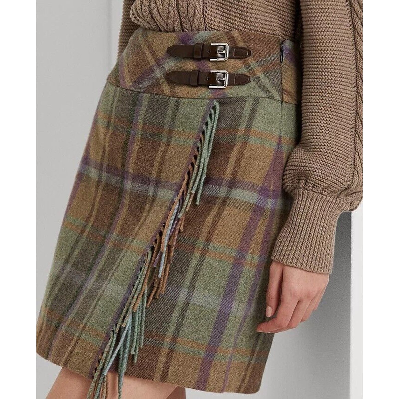 Lauren Ralph Lauren RALPH LAUREN GREEN BROWN PLAID TARTAN FRINGED WOOL SKIRT NWT Size 34" / US 12 / IT 48 - 5 Thumbnail