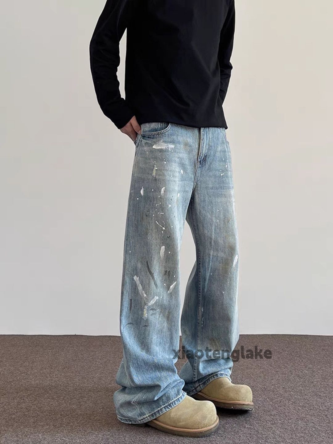 Jean × Vintage Unisex washed faded loose hiphop stain paint jeans Size US 34 / EU 50 - 1 Thumbnail