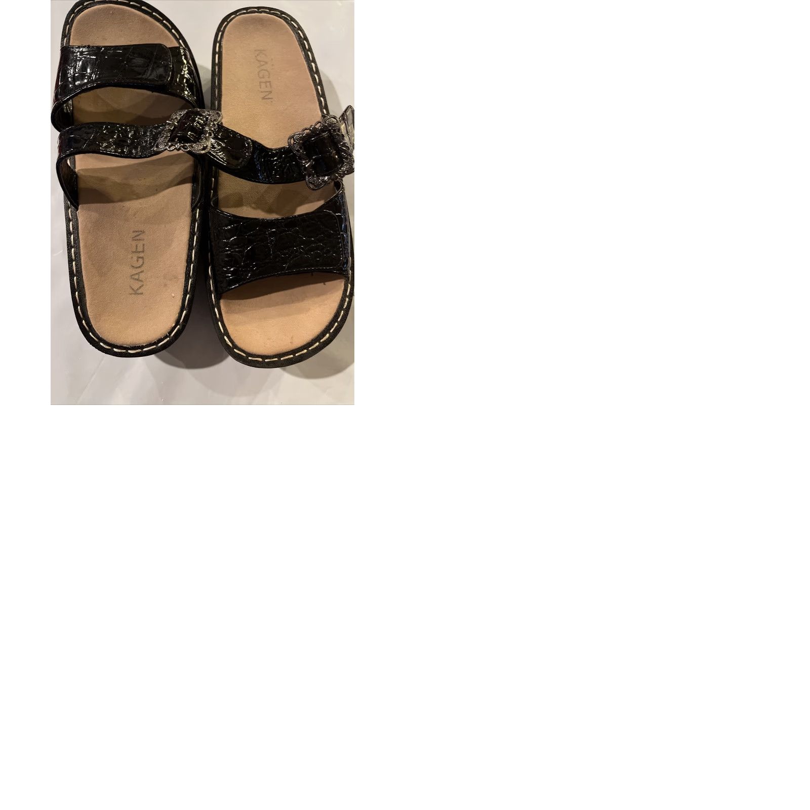 Skagen KAGEN Black Patent Leather Dressy SANDALS Silver Buckle Wedges Flat Women’s 7 Slip On Size M / US 6-8 / IT 42-44 - 9 Thumbnail