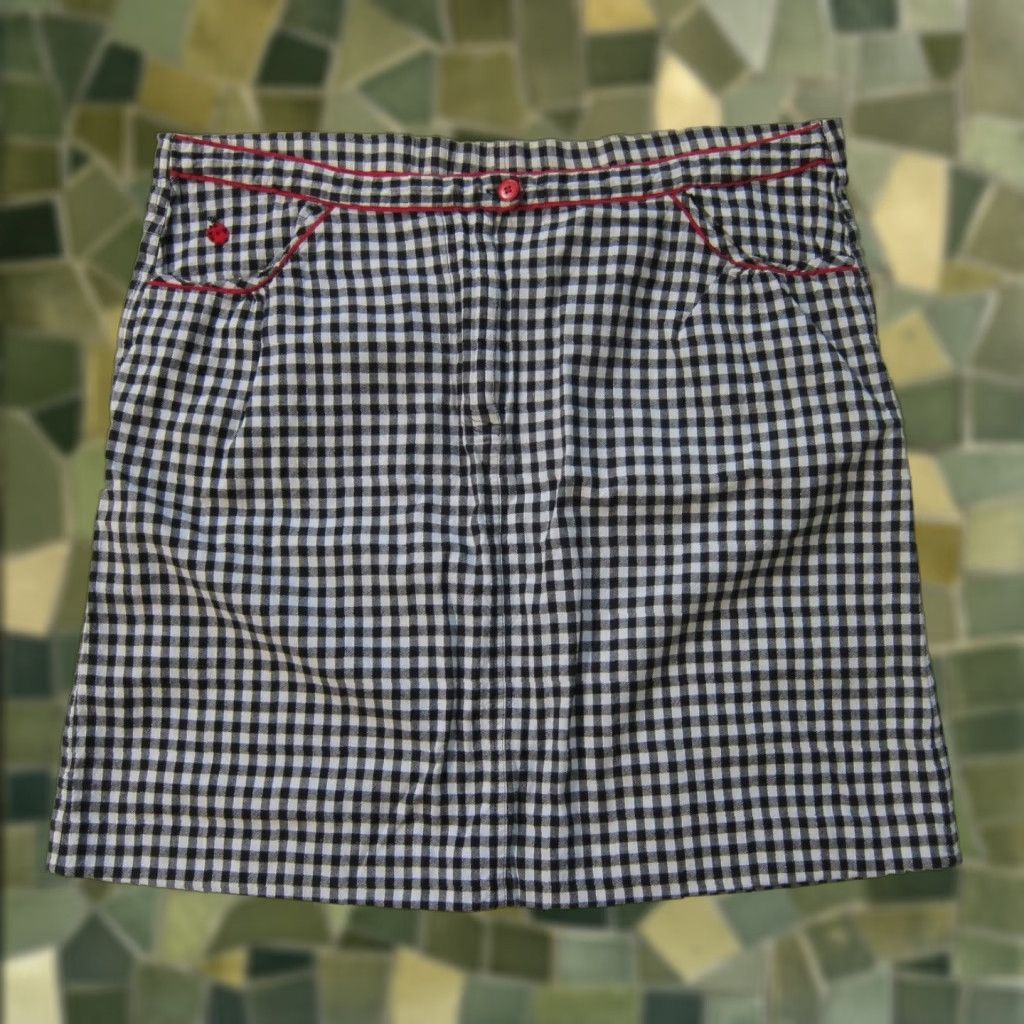 Vintage Lemon Grass Studio Women Skirt Plaid Black White Lady Bug Pockets Zipper Button Knee Length 100% Cotton L Size 36" / US 14 / IT 50 - 1 Thumbnail