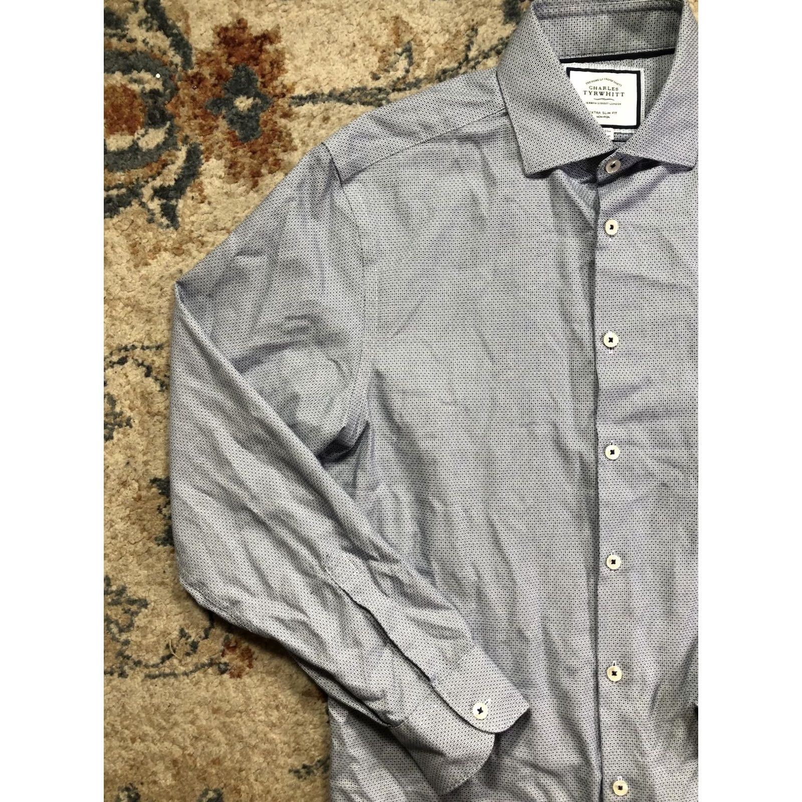 Charles Tyrwhitt Charles Tyrwhitt Dress Shirt Mens 15.5 32/33 Blue Geometric Extra Slim Non-Iron Shirt Men Size 42R - 3 Thumbnail