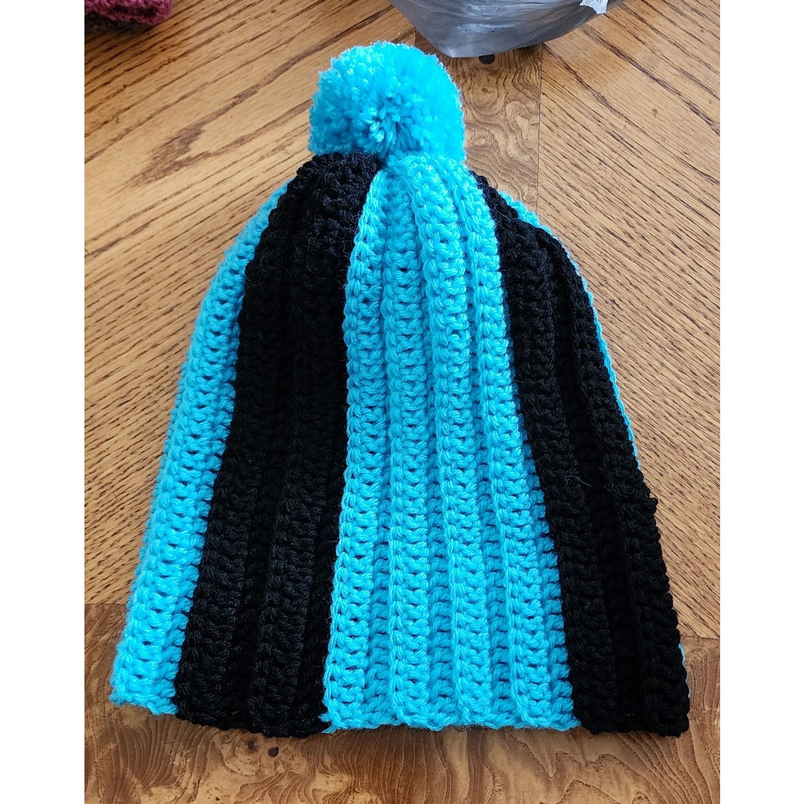 Handmade Handcrafted crocheted blue and black winter beanie. Size ONE SIZE - 6 Thumbnail