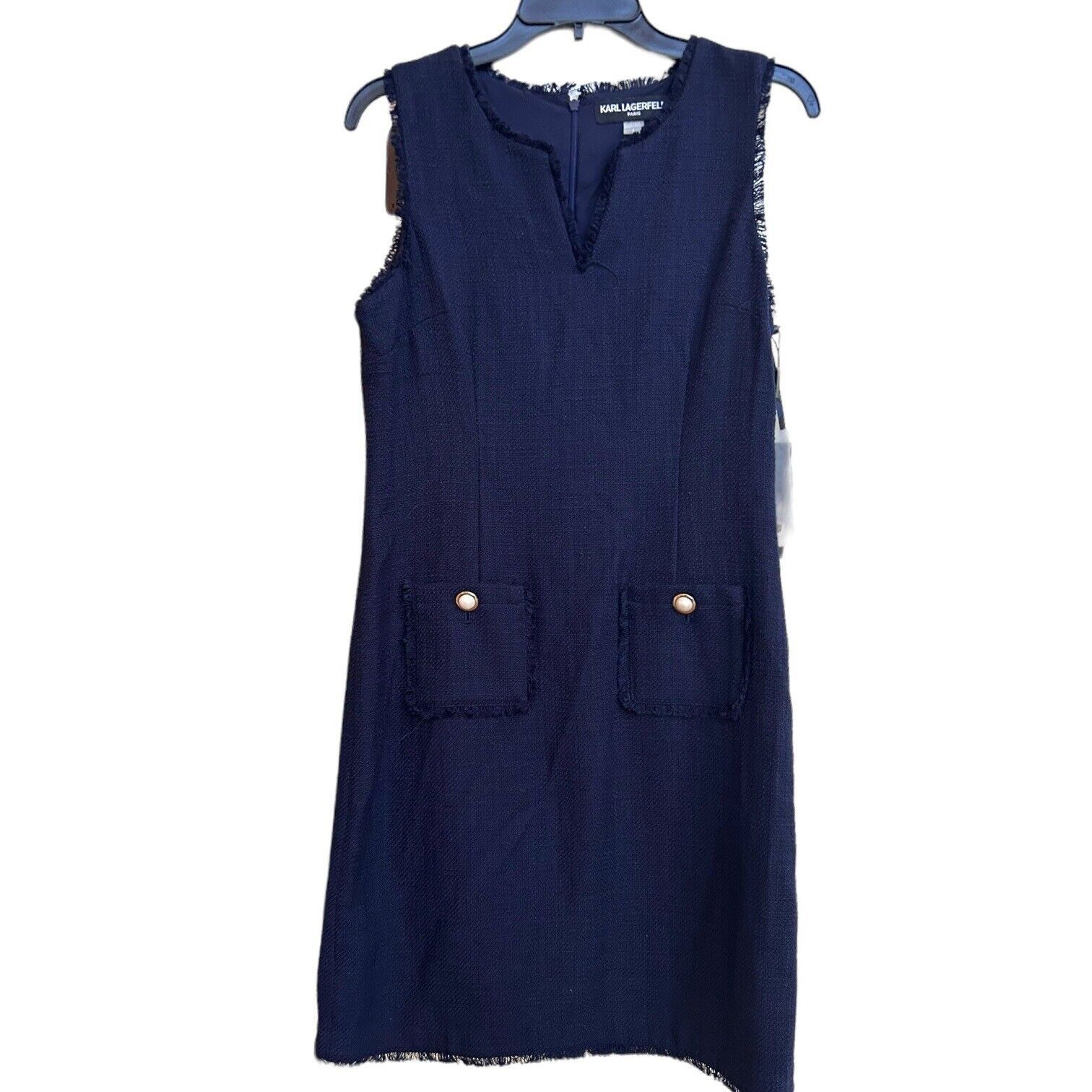 NWT Karl Lagerfeld Paris Navy Blue Tweed Shift Dress Pencil