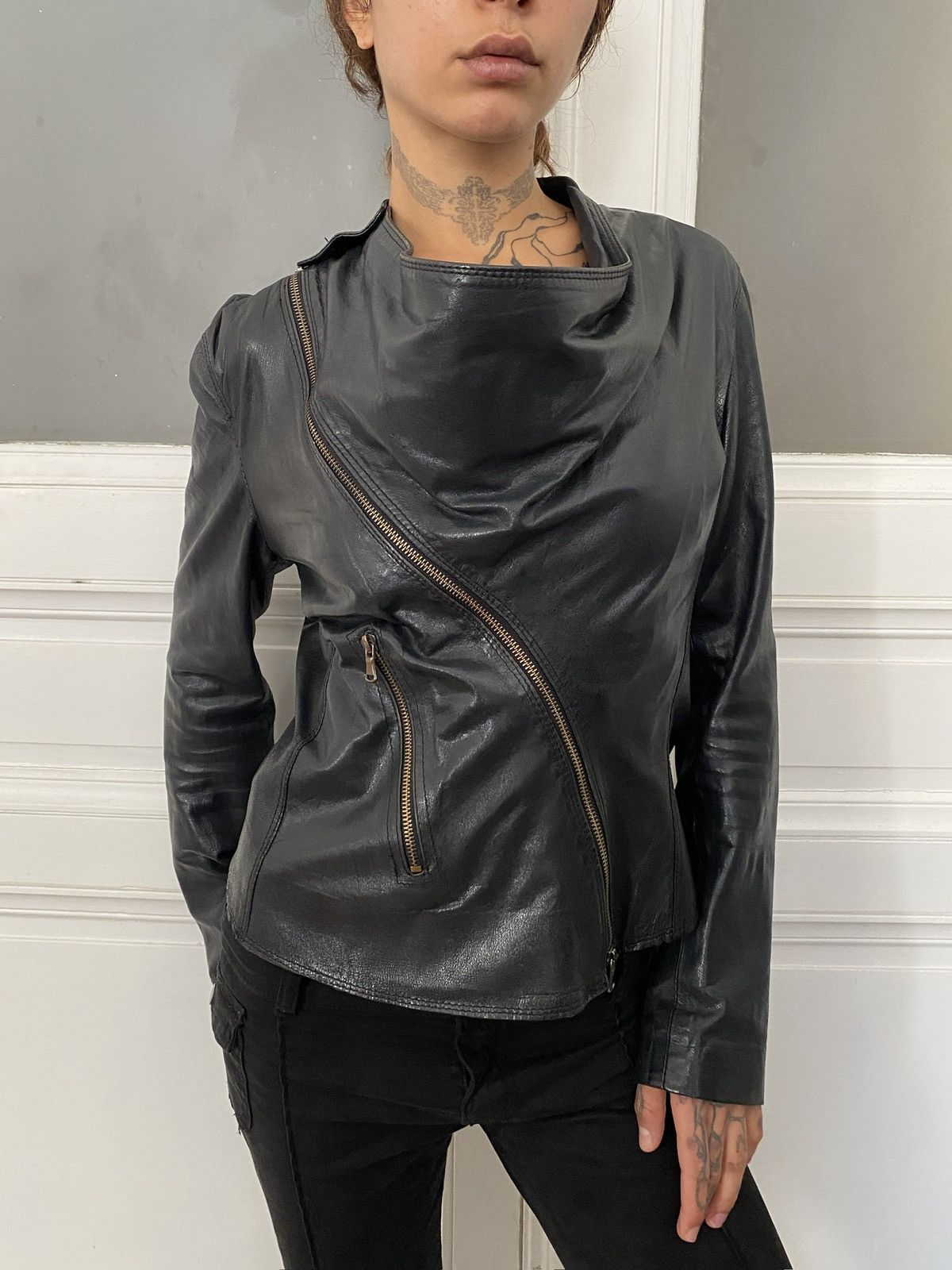 If Six Was Nine Avant garde drapped asymmetrical leather jacket Size S / US 4 / IT 40 - 3 Thumbnail