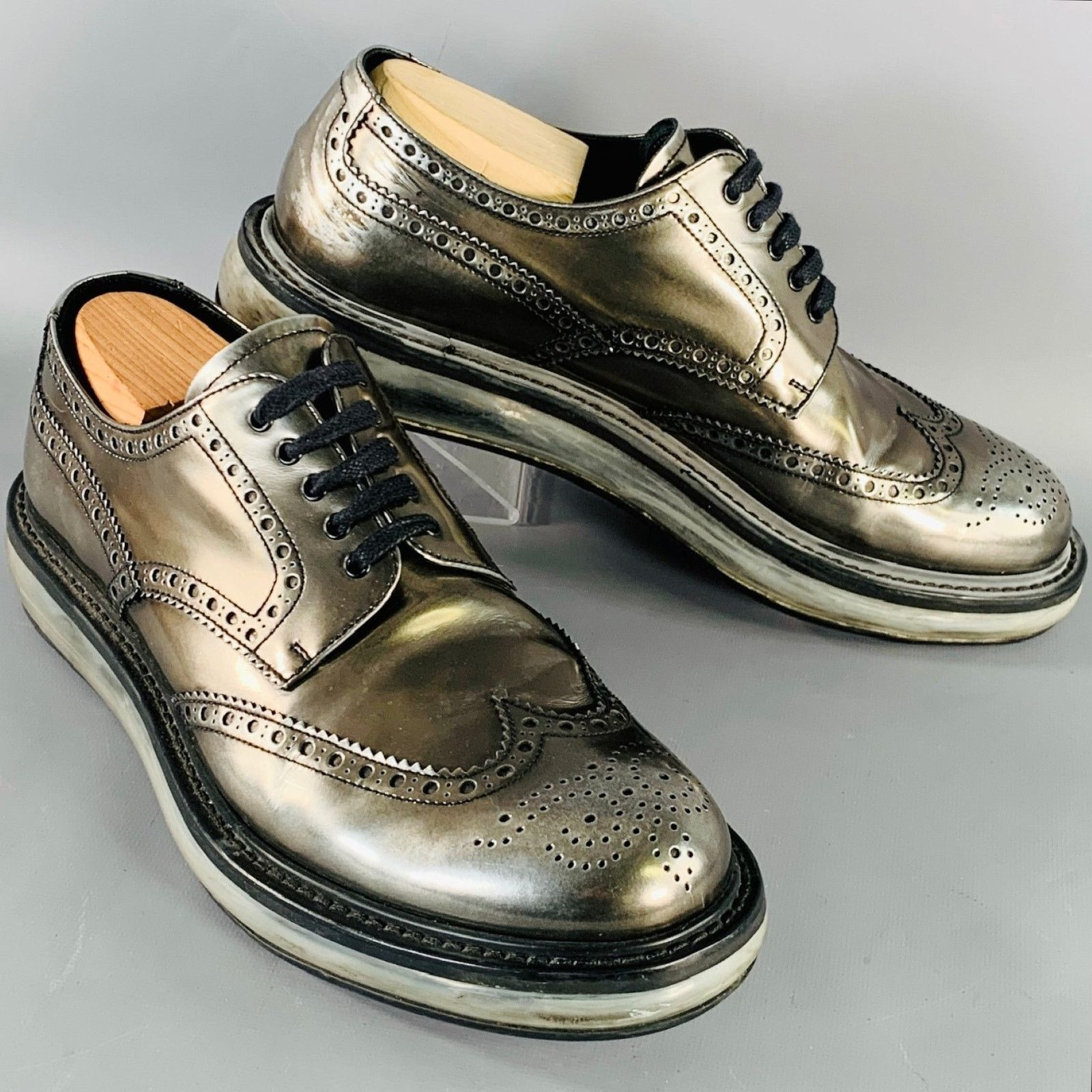 Prada PRADA Silver Metallic Leather Wingtip Lace-Up Shoes Size US 9 / EU 42 - 1 Thumbnail