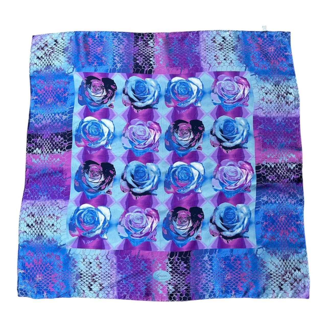 Gucci Vtg 90s Rose Snakeskin Silk Scarf Purple Blue Italy