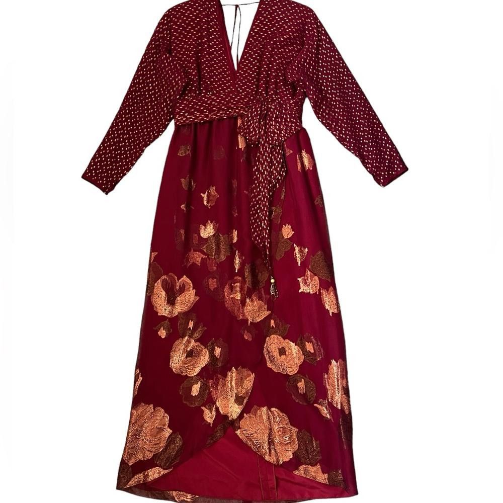 image of Carol Peretz Vintage 80's Silk Dark Red & Gold Gown, Women's (Size Medium)