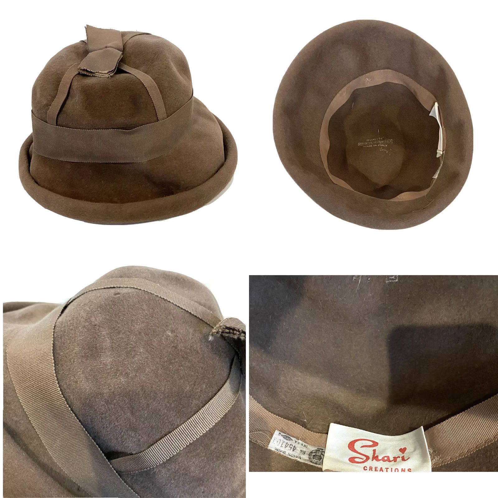 Velour VINTAGE Shari Qualite 40s Womens Hat Cloche Velour Brown Made Italy Ribbon Detail Mens? Womens Size ONE SIZE - 8 Thumbnail