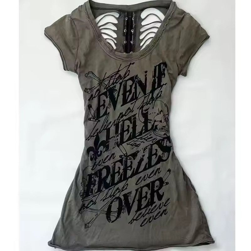 Vintage Y2k Khaki Gothic Punk Zipper Top T Shirt Size M / US 6-8 / IT 42-44 - 1 Thumbnail