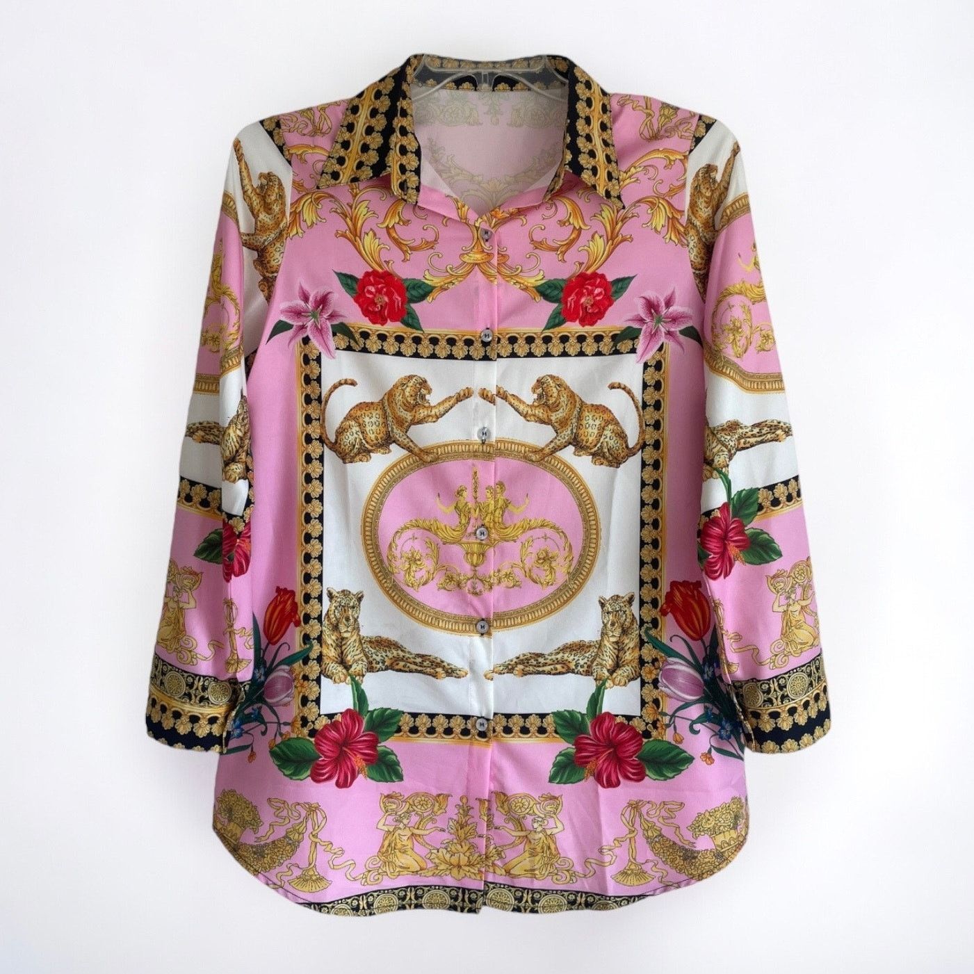 Other Beautiful Oriental Print Pink Tiger Button Down Blouse Size L / US 10 / IT 46 - 1 Thumbnail