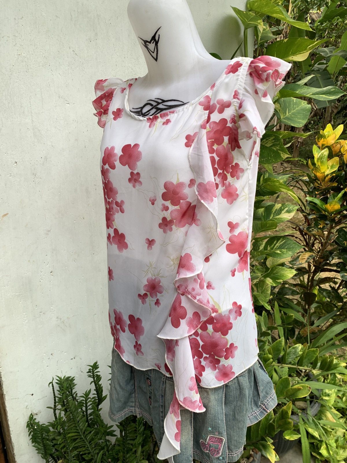 Japanese Brand × Vintage y2k Angel Court Sakura Flower Graphic Ruffle Blouse Mesh Top Size M / US 6-8 / IT 42-44 - 2 Thumbnail