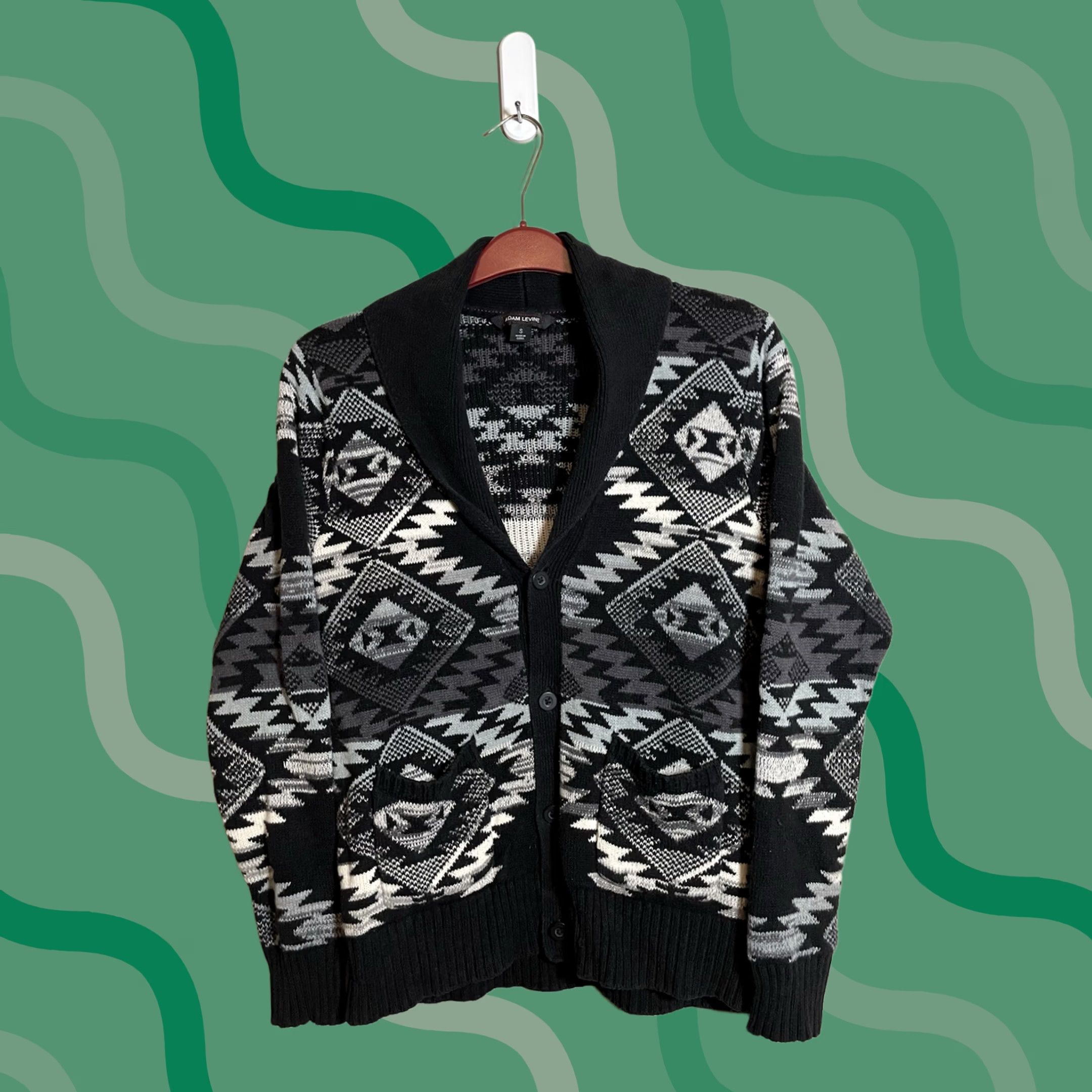 Vintage Adam Levine Mens Cardigan Sweater S Pockets Black Gray Geometric Aztec Southwestern Vintage No Size US S / EU 44-46 / 1 - 1 Thumbnail
