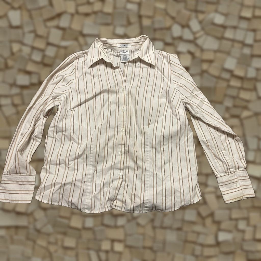 George George Shirt Women 16W White Brown Striped Button Up Stretch Casual Modern Long Sleeve Collared Size XXL / US 16-18 / IT 52-54 - 1 Thumbnail