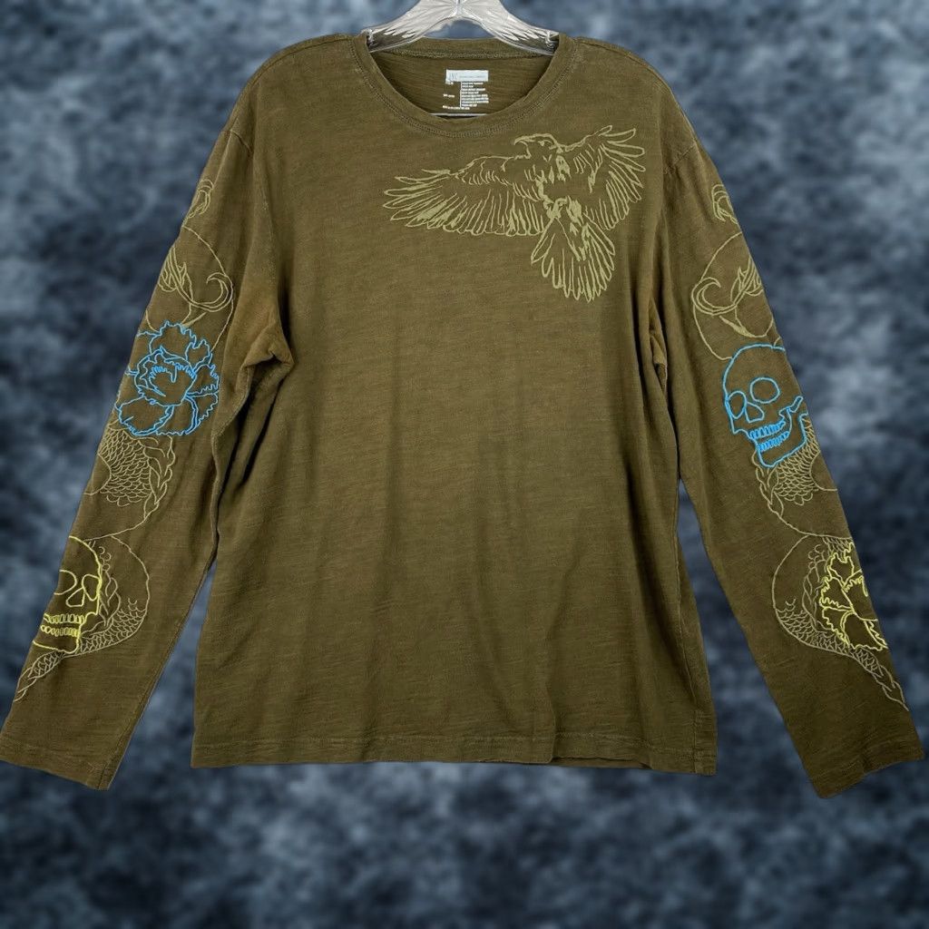 Vintage INC International Concepts Men T-Shirt Long Sleeve Green Embroidered Eagle Skulls Crew Neck M Size US M / EU 48-50 / 2 - 1 Thumbnail