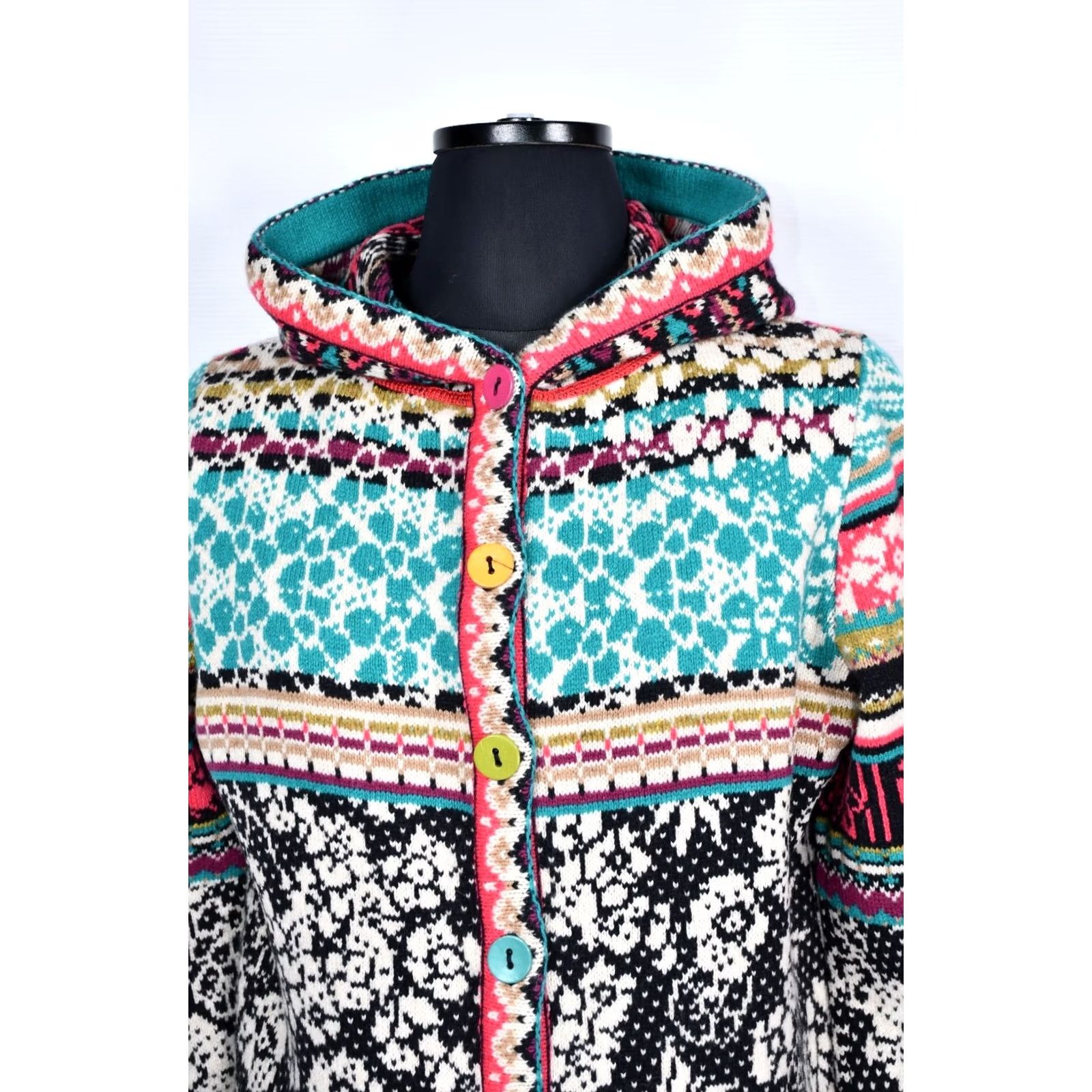 Vintage IVKO Multicoloured Knitted Wool Sweater Hooded Jacket Women's L Size L / US 10 / IT 46 - 3 Thumbnail
