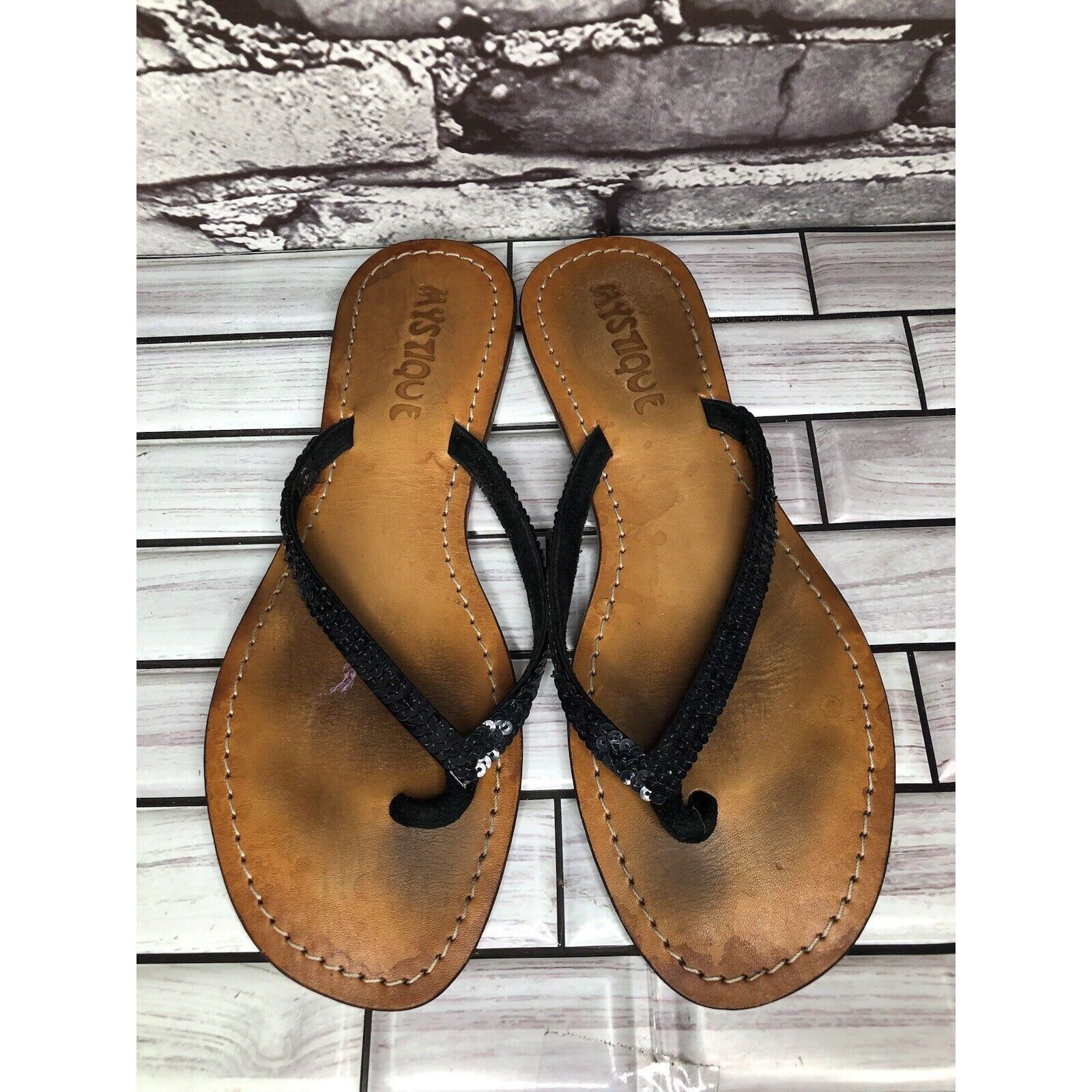 Other Mystique Black Leather Snake Skin Thong Flip Flops Sandals W Size US 9 / IT 39 - 3 Thumbnail