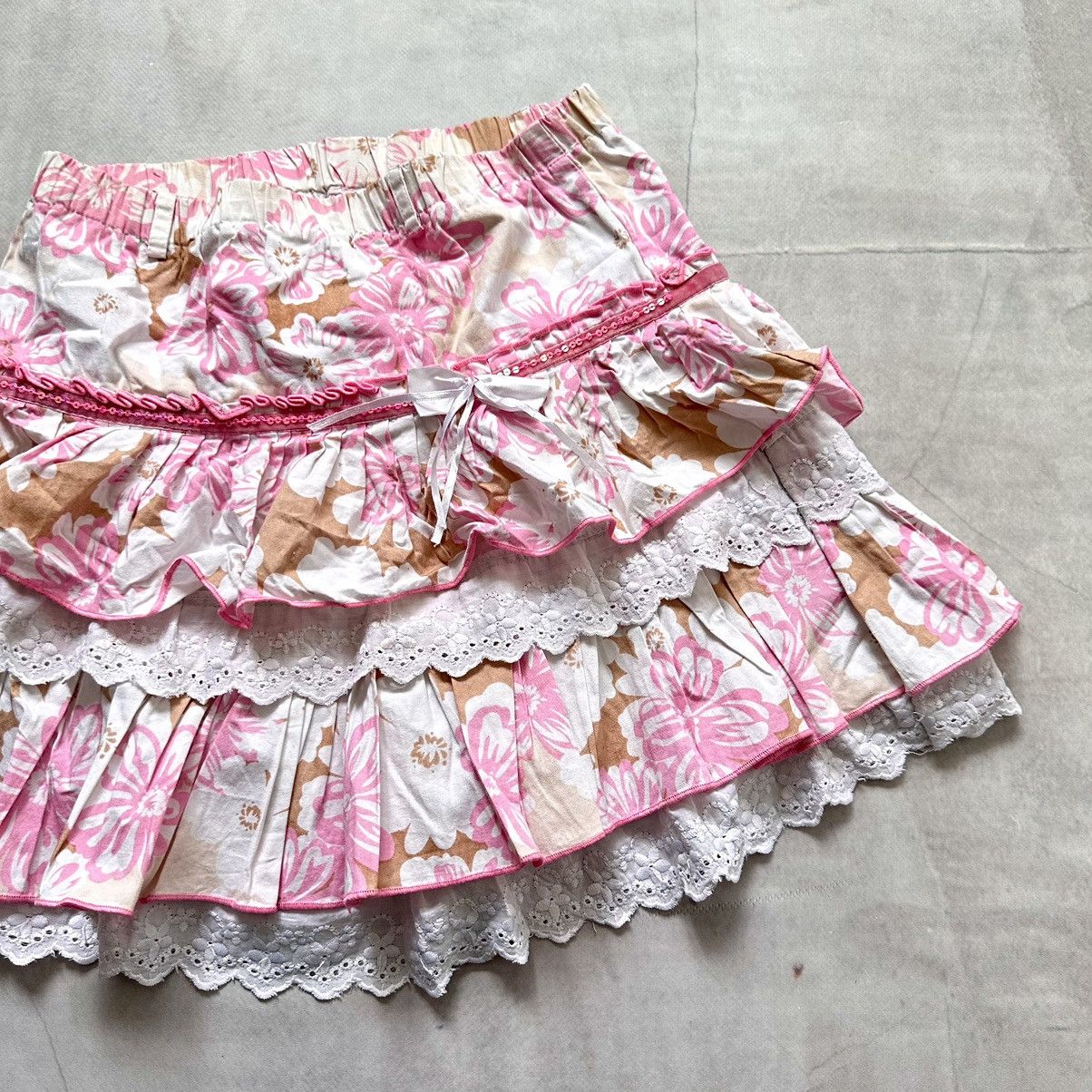 Cop Copine × Ed Hardy × Miss Sixty Sexy Floral Ruffle Skirt Y2K Vintage Cute Bow Lace Trim Size 24" / US 00 / IT 34 - 2 Thumbnail
