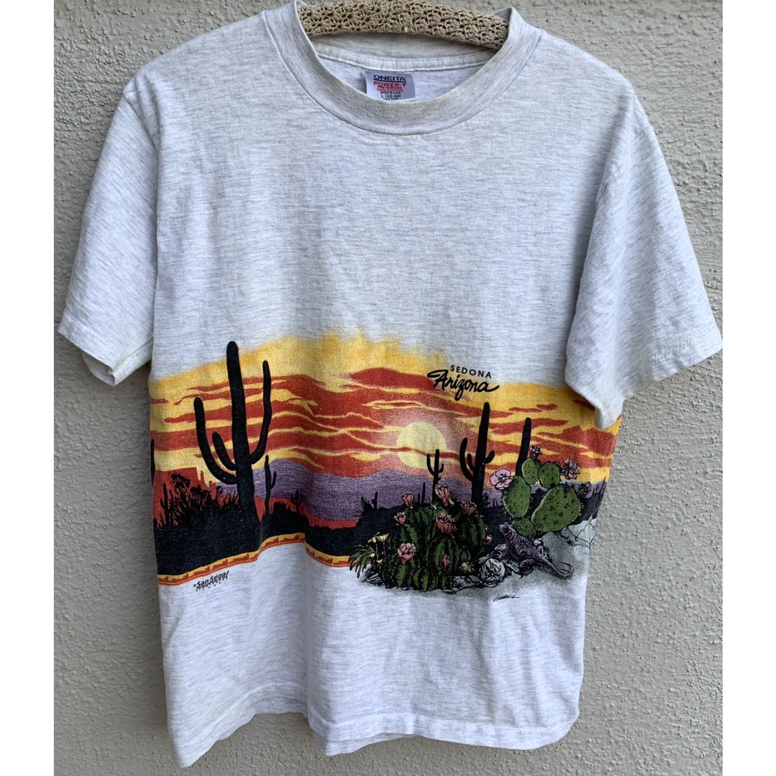 Vintage VINTAGE Oneita T-Shirt Desert Theme Sedona Arizona Gray Cotton Short Sleeve L Men 1980s Graphic Print San Segal 1989 Regular Stitch Size US L / EU 52-54 / 3 - 4 Thumbnail