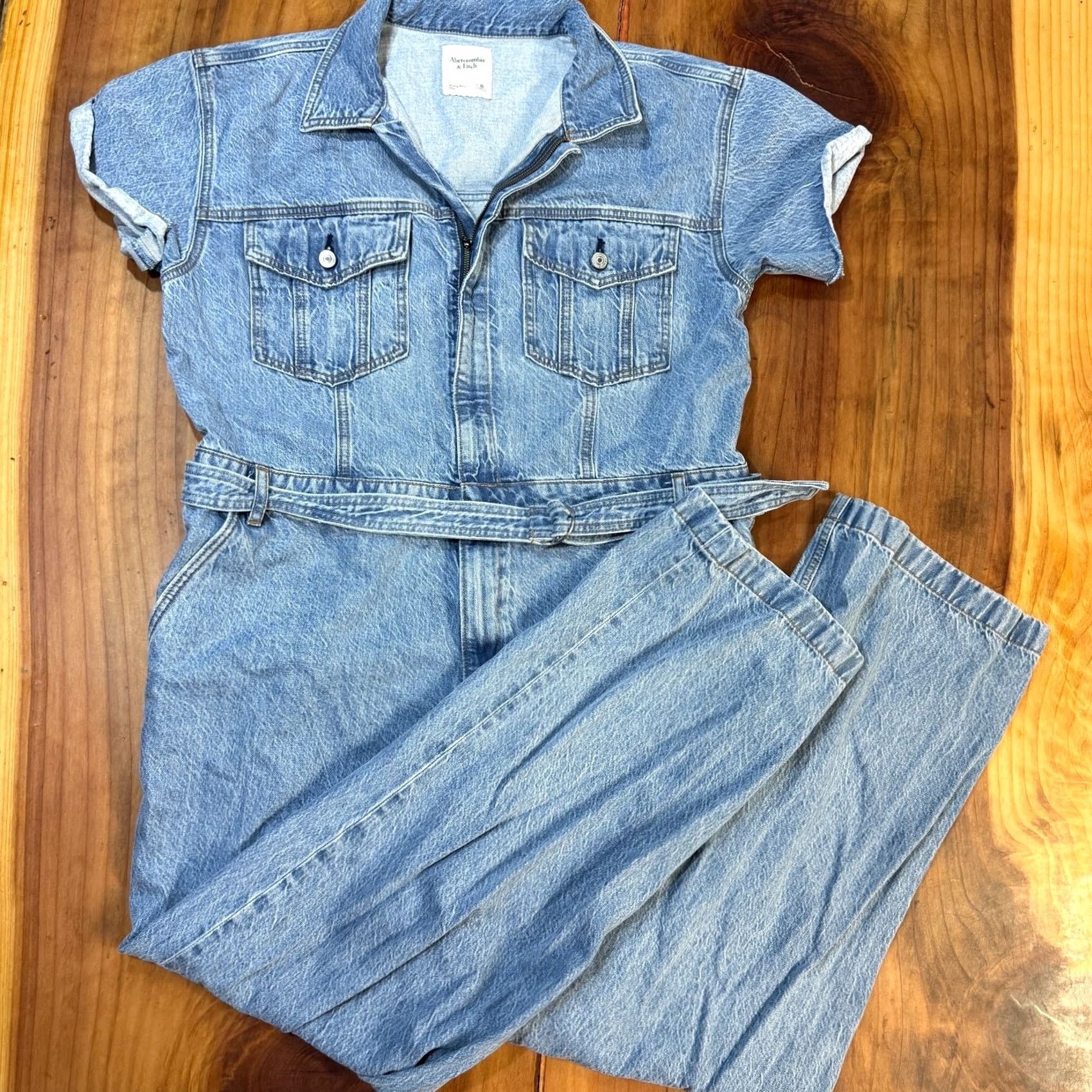 Vintage Abercrombie & Fitch Jumpsuit Women's XL Denim One-Piece Zip Straight Leg Tie Waist P15 Casual Bohemian Knit Cotton Blend Inseam 30" Size 40" / US 18 - 2 Thumbnail