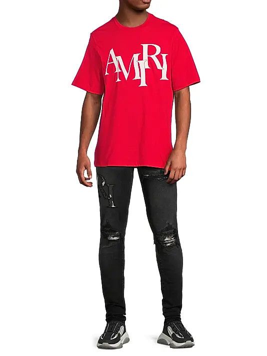 Amiri os11x0326 Staggered Logo Cotton T-Shirt in Red Size US M / EU 48-50 / 2 - 2 Thumbnail