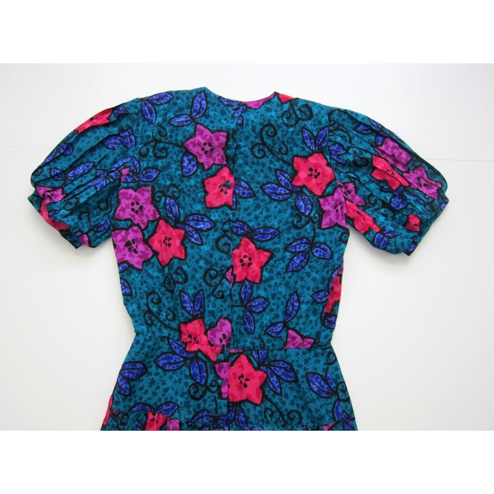 Vintage Vtg Maggy Boutique Green Blue Pink Floral Short Sleeve Pleated Sheath Dress 12 Size 34" / US 12 / IT 48 - 6 Thumbnail