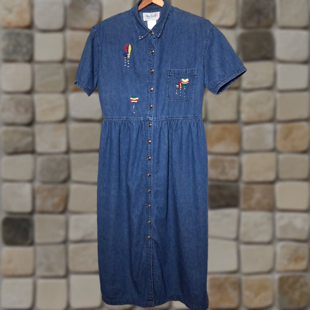 Vintage VINTAGE Olivia Rose Dress Shirt Dress 16P Petite Blue Chambray Denim Hot Air Balloon Womens Girls Size XXL / US 16-18 / IT 52-54 - 1 Thumbnail