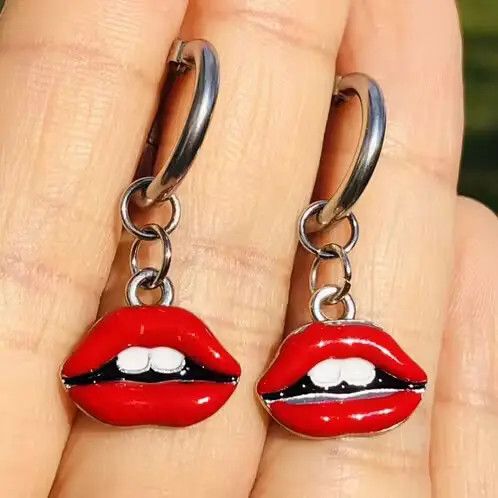 Handmade Sexy Red Lipstick hoops earrings sexy lips and teeth Size ONE SIZE - 2 Thumbnail