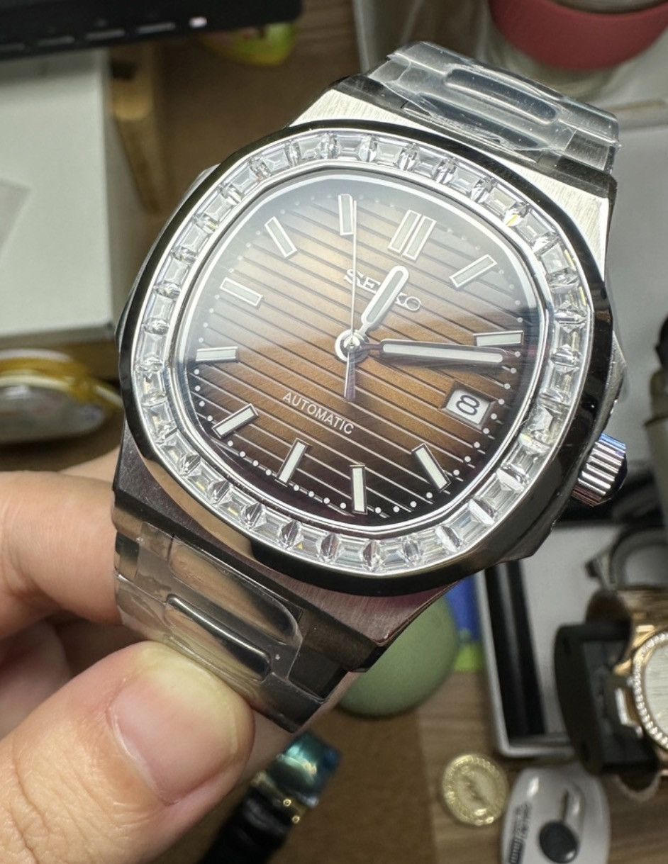 Japanese Brand Seiko Mod Nautilus Brown Dial Diamond Steel Watch NH35 41mm Size ONE SIZE - 1 Thumbnail