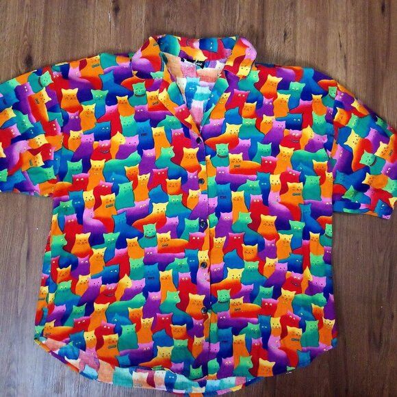 Other Vintage 80s Caribou New York Cat Kitten Rainbow Button Shirt Size L / US 10 / IT 46 - 2 Thumbnail