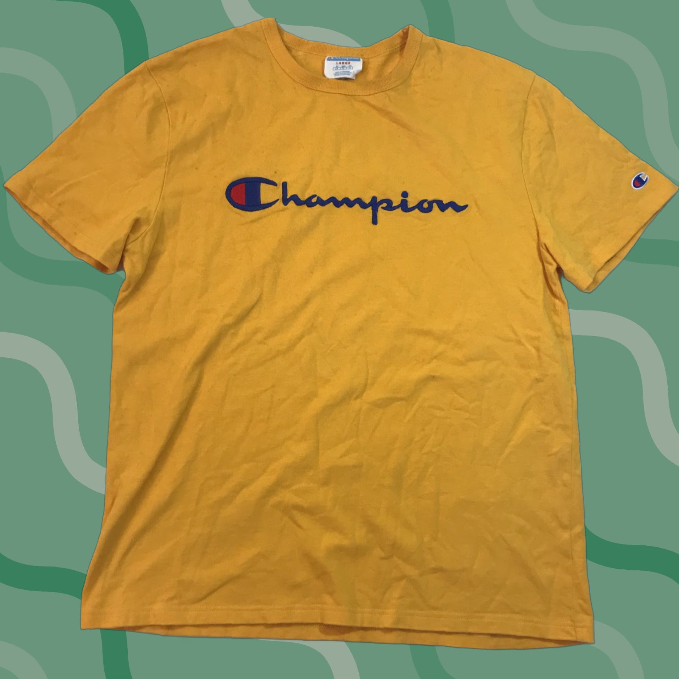 Champion VINTAGE Champion Mens T-Shirt 90s Spell Out Script Embroidered Logo Yellow Large Crew Neck Short Sleeve Graphic Tee Size US L / EU 52-54 / 3 - 1 Thumbnail