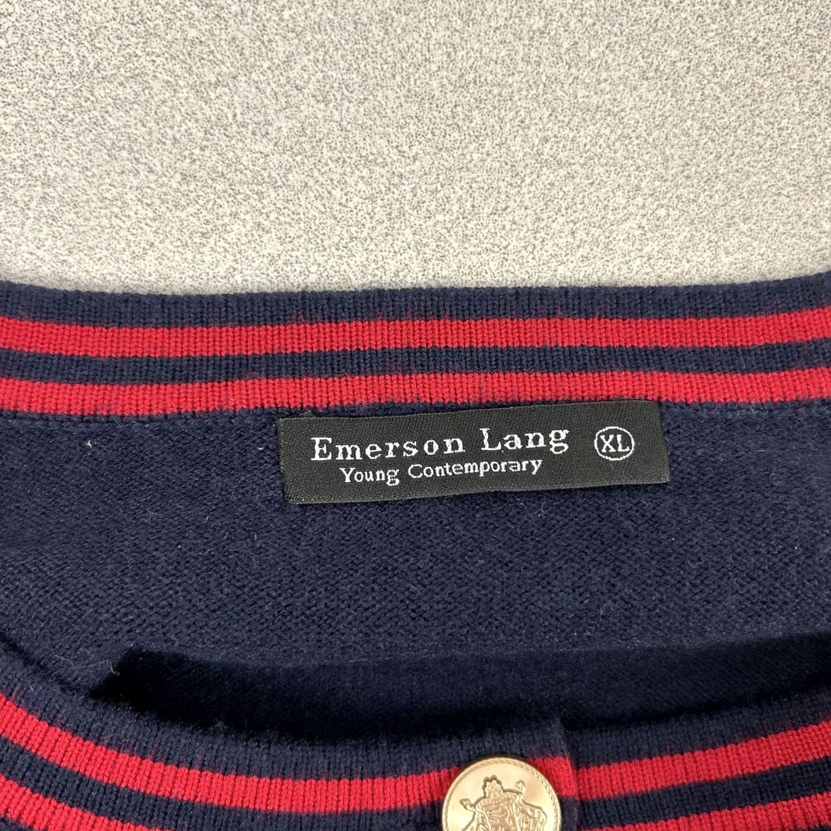 Vintage Emerson Lang Cardigan Sweater Womens XL Navy Crew Neck Stripe Trim Gold Button Size XL / US 12-14 / IT 48-50 - 5 Thumbnail