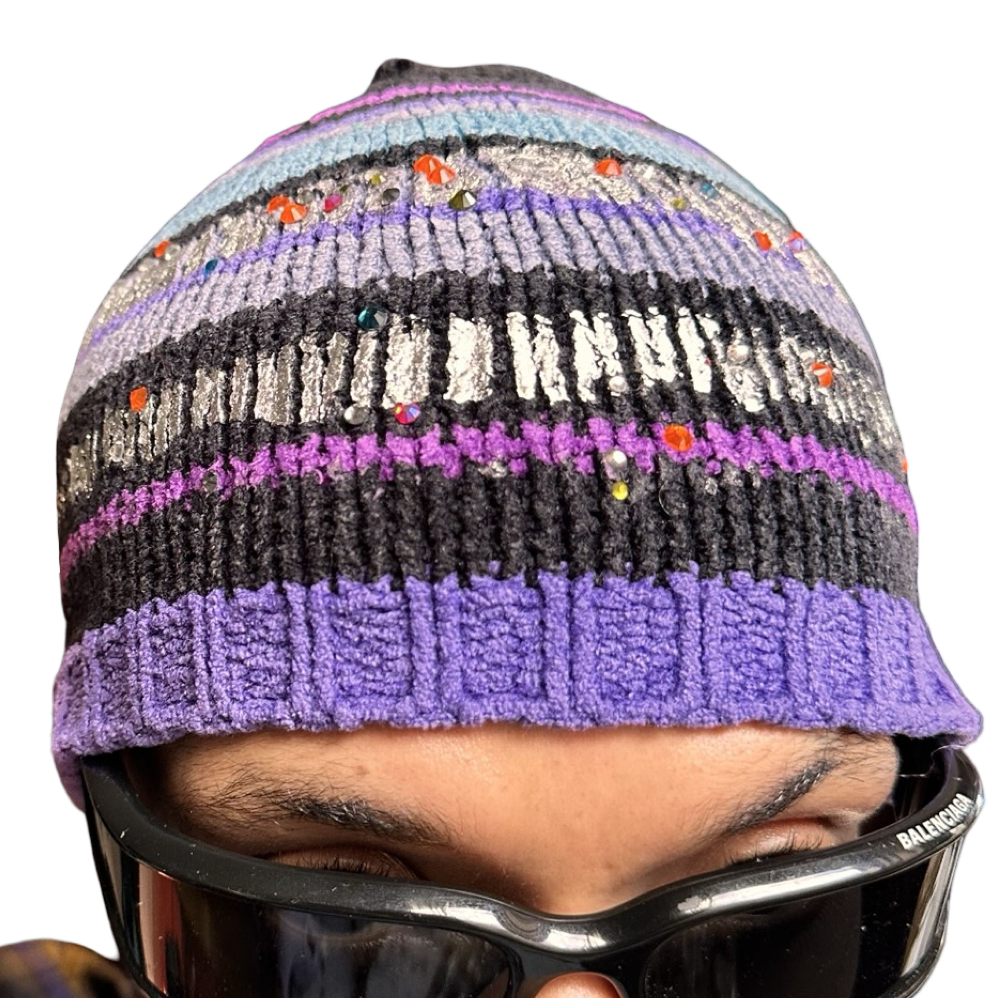 Vintage ASTROBOI* Black/Purple Striped Rhinestone Winter Beanie Size ONE SIZE - 2 Thumbnail