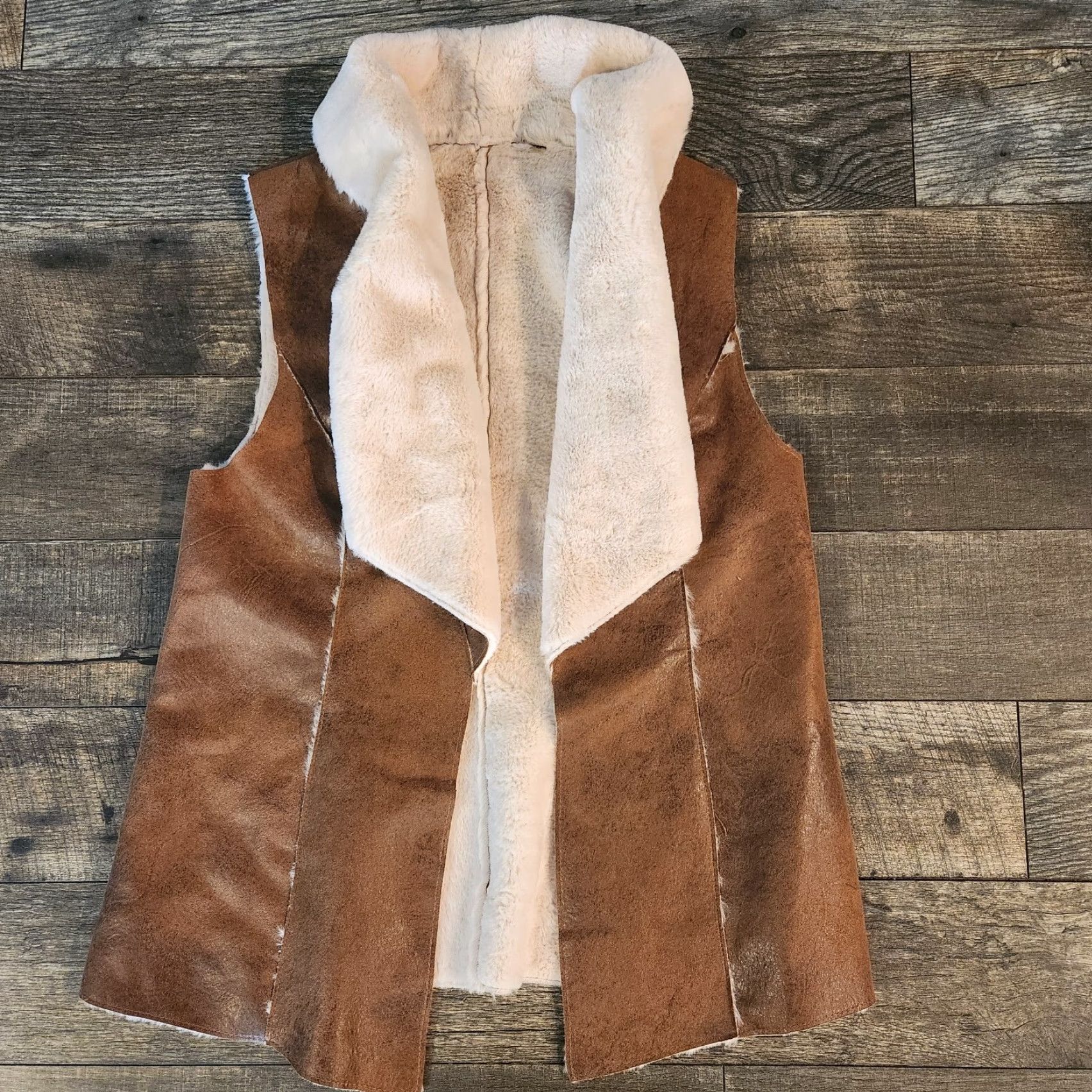 Vintage VINTAGE Faux Leather Shearling Drape Vest Open Front Brown Womens Medium Western Cowgirl Knox Rose Vest M Brown Womens Bohemian Rock Open Front Size M / US 6-8 / IT 42-44 - 2 Thumbnail