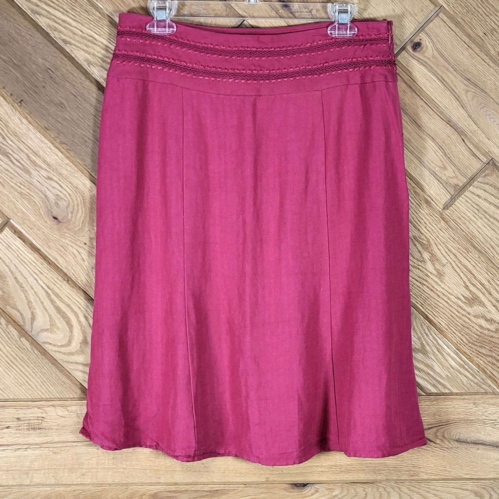 Vintage VINTAGE Norton McNaughton Petites Womens Embroidered Midi Skirt 12P Linen Blend Red Berry red Knee Length A-Line Womens Size 34" / US 12 / IT 48 - 2 Thumbnail